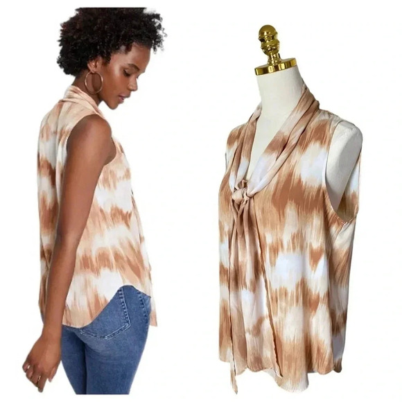 BAR III | Women’s Tie Dye Hazelnut Combo Print Bow Sleeveless Blouse Size L - Picture 3 of 10
